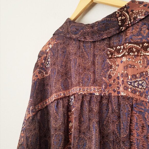 Zara Patchwork Shirt Blouse Top M Oversized Paisley Boho Brown Semi Sheer Collar - Picture 14 of 16